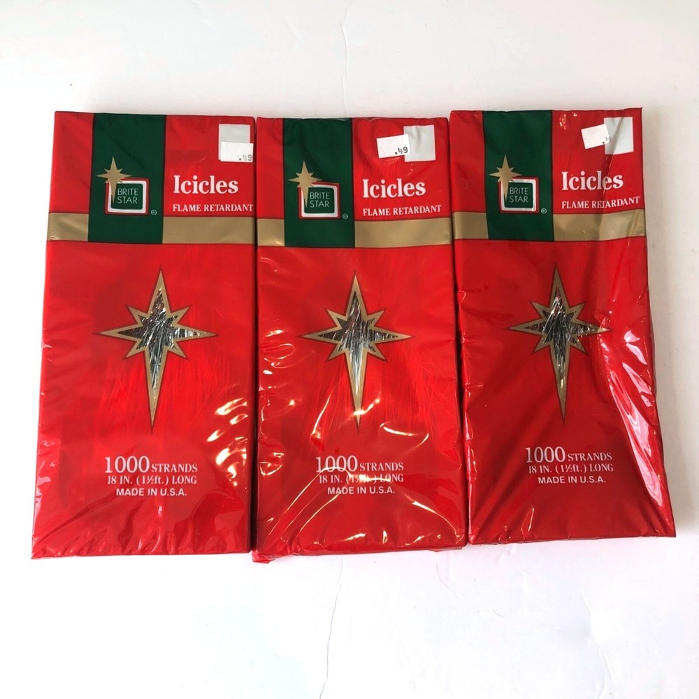 Vtg Christmas Tree Tinsel 3 Pack Brite‎ Star Icicles Silver 18" 3000 Strands USA